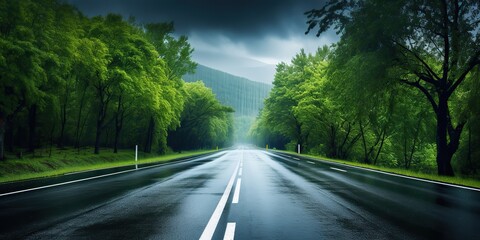 AI Generated. AI Generative. Outdoor nature landsacpe forest tree road highway path landscape background. Graphic Art