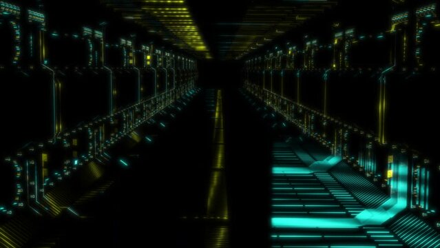 render 3D animation of the model space corridor on a black background future technology screen