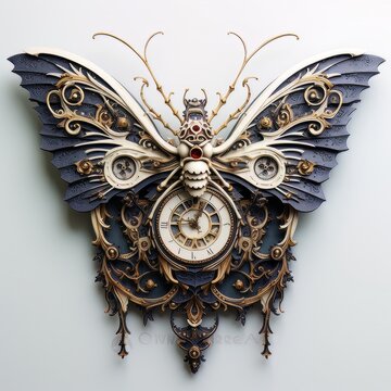 Decorative wall clock in the form of mechanical butterfly. AI