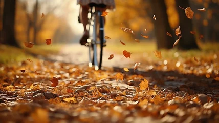 Deurstickers bicycle in motion autumn background wheels leaves flying in autumn park fall sunny day © kichigin19