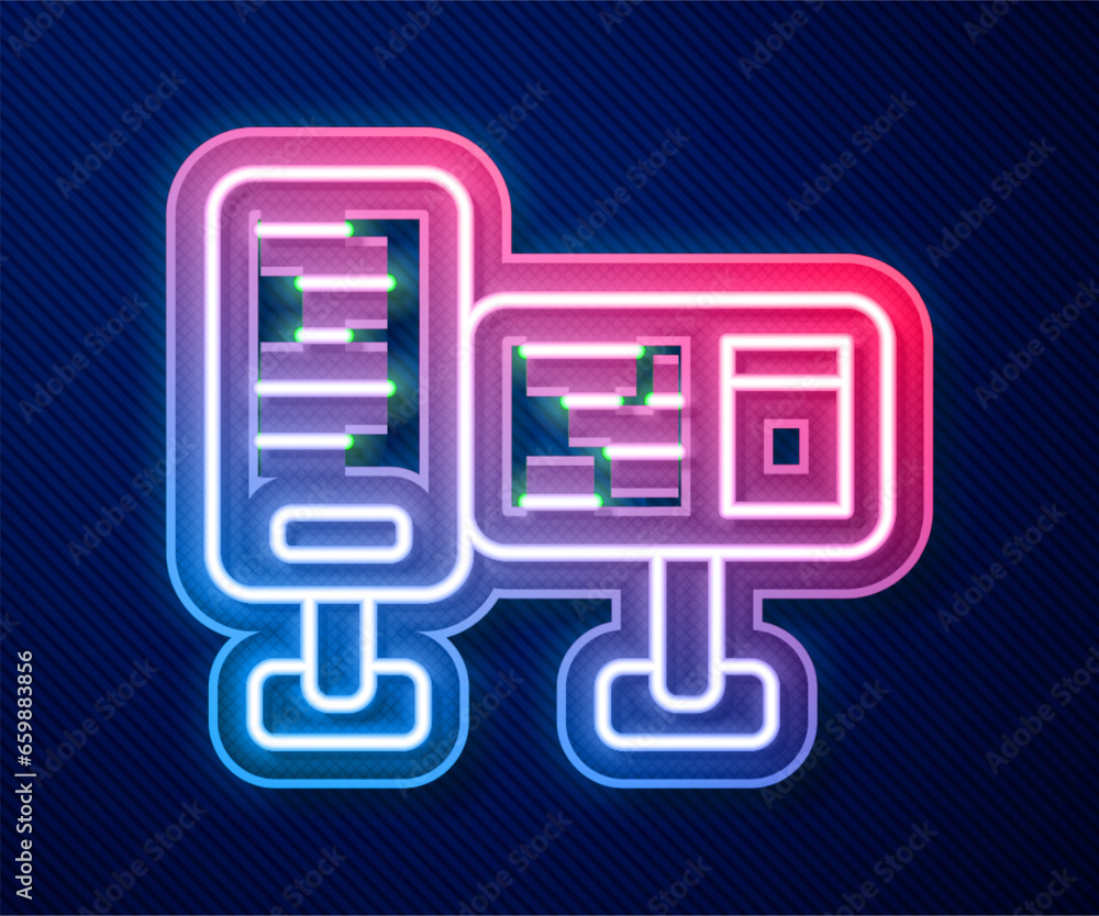 Poster glowing neon line computer monitor screen icon isolated on blue background. electronic device. front