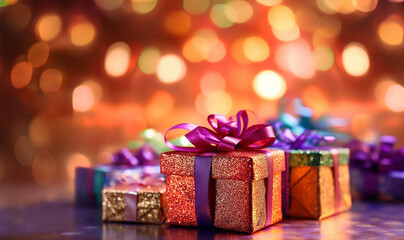 Various colored Birthday presents. colorful and various size of gift boxes with ribbon bow on table top with blurred lights bokeh on blue background, pile of present for holiday celebration party 