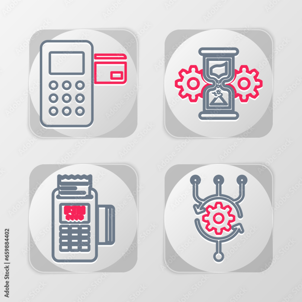 Poster set line algorithm, pos terminal, hourglass and gear and pos icon. vector