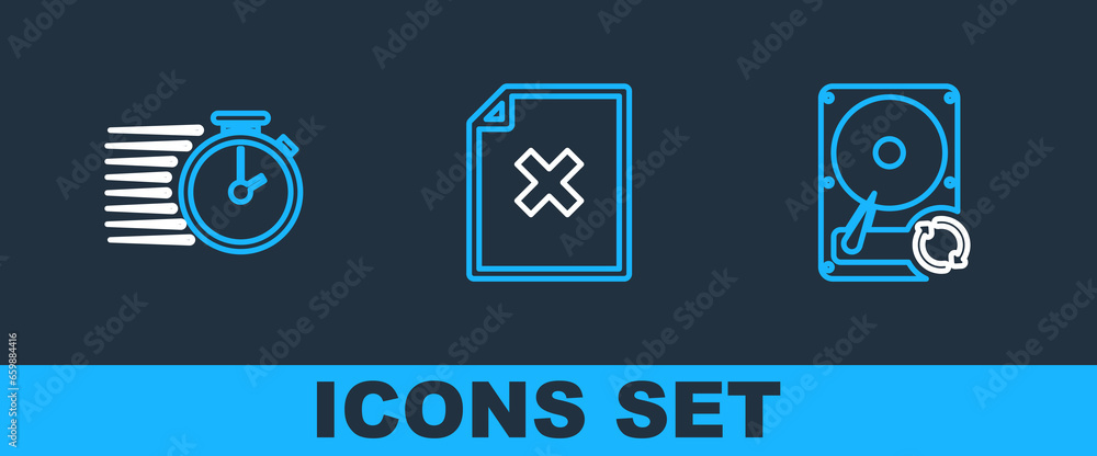 Poster set line hard disk drive hdd sync refresh, stopwatch and delete file document icon. vector