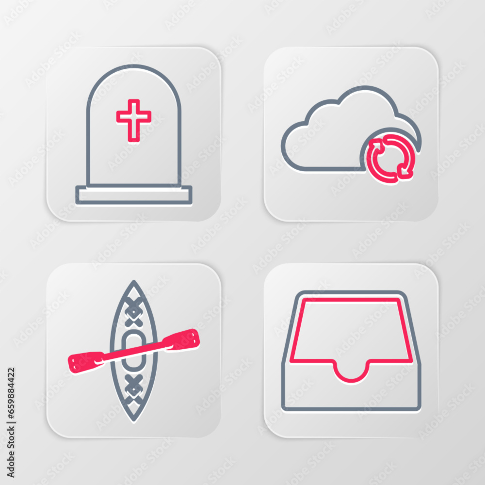 Aufkleber set line social media inbox, kayak and paddle, cloud sync refresh and tombstone with cross icon. vec
