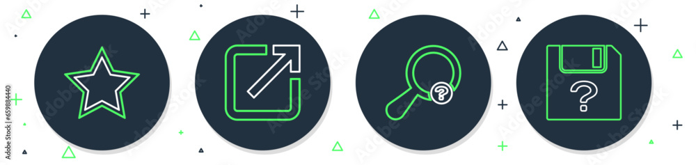 Aufkleber set line open in new window, unknown search, star and document icon. vector