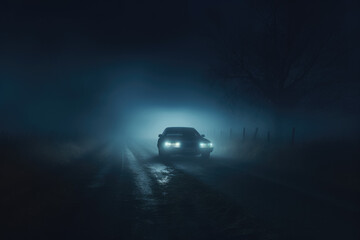 Fototapeta na wymiar Car rural road in foggy night the headlights shine through the fog. Generative AI