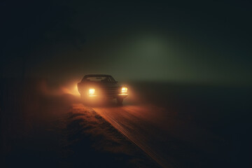 Car on dirt rural road in foggy night, headlights shine through the fog. Generative AI - 659884457