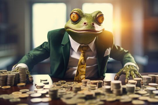 Frog as greedy businessman grabs money with his hands. Golden coins on the table. Generative AI