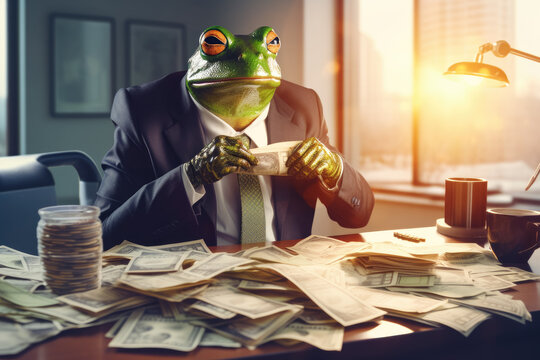 Frog as greedy businessman or bribe taker. Stacks of money on the table. Generative AI