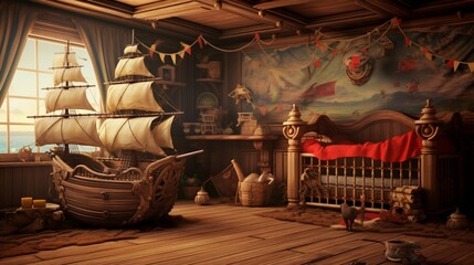 a pirate-themed nursery with a pirate ship crib and treasure map wall art