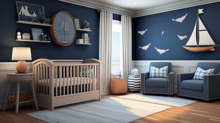 a nautical-themed baby boy's room featuring sailboats, anchors, and navy blue accents