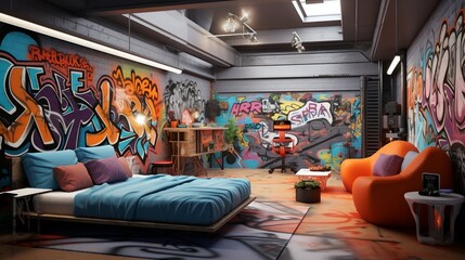 a skateboard and graffiti-inspired room with skateboards on the walls and graffiti art