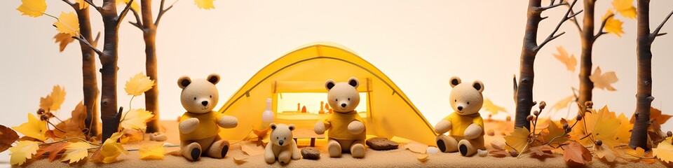 可愛いクマさんのキャンプ（3D）横長　秋