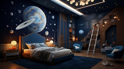 a space-themed room with glow-in-the-dark stars, rocket ship decor, and celestial wallpaper