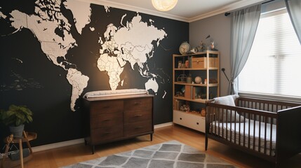 a spare room into a travel-themed baby boy's nursery with world map wallpaper