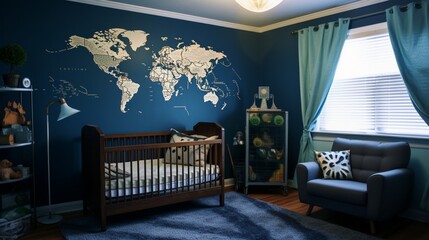 a spare room into a travel-themed baby boy's nursery with world map wallpaper