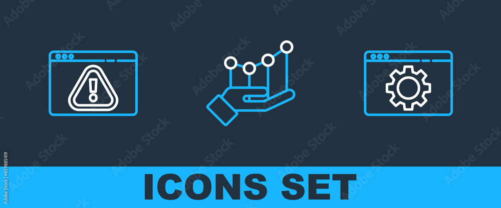 Poster set line browser setting, with exclamation mark and pie chart infographic icon. vector