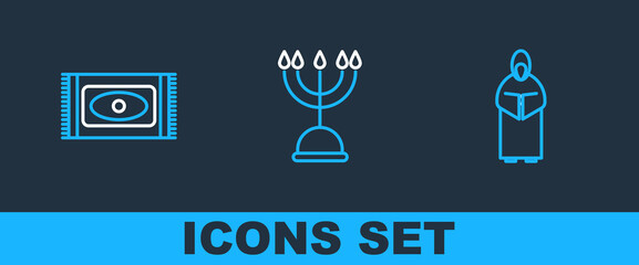 Set line Monk, Traditional carpet and Hanukkah menorah icon. Vector