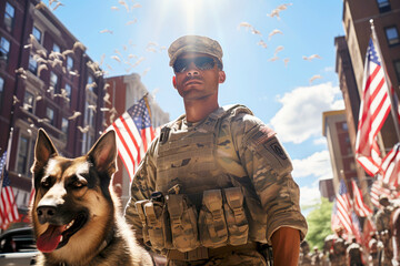 A male soldier in a military uniform stands with a guard, a working dog outdoors on a sunny day, with American flags in the background on the city street, decorated in honor of Remembrance Day