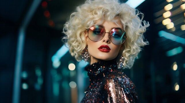 A glamorous 60s woman with sparkling round sunglasses embodies the luxurious and retro vibe of a disco ball, stylish confidence playful spirit in her beautiful curly blonde hair and vintage fashion