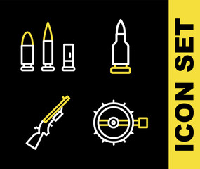 Fototapeta premium Set line Bullet, Trap hunting, Shotgun and and cartridge icon. Vector