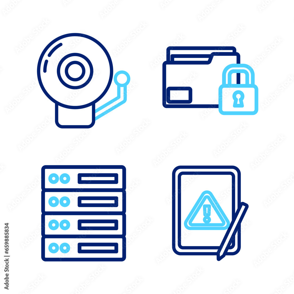 Poster set line tablet with exclamation mark, server, data, web hosting, folder and lock and ringing alarm 