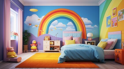 a vibrant rainbow-themed bedroom with colorful bedding and wall art