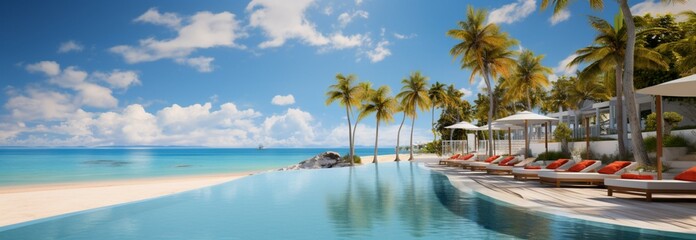 Fototapeta na wymiar Luxurious beachfront resort: swimming pool, beach chairs, and shaded loungers by the sea