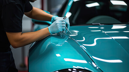Finishing Touches: The Painter's Final Inspection Before Delivery of the Supercar - obrazy, fototapety, plakaty