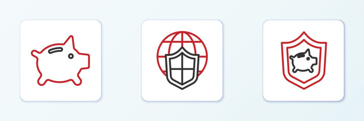 Set line Piggy bank with shield, and Shield world globe icon. Vector