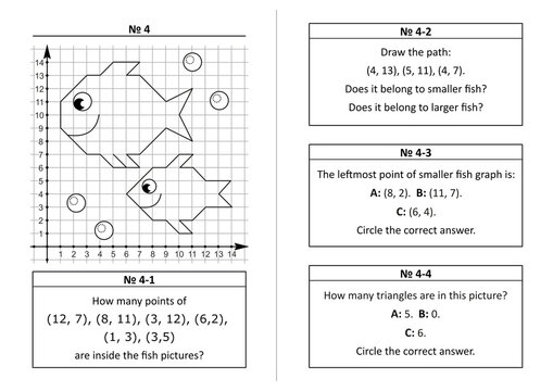 Coordinate plane learning quiz questions set 4. Two-page activity set. Educational math puzzles. No-prep, fun, engaging. Black and white, printable and photocopiable.
