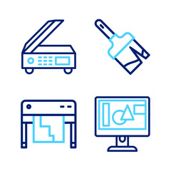 Set line Computer monitor screen, Plotter, Paint brush and Scanner icon. Vector