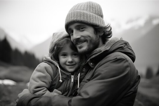 Black and white photo captures a tender moment of a father hugging his daughter against a mountain backdrop. The image evokes a sense of timeless love and the grandeur of nature.