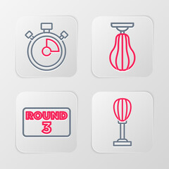 Set line Punching bag, Boxing ring board, and Stopwatch icon. Vector