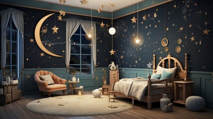 celestial-themed nursery with stars, moons, and constellations on the walls