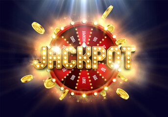 Shining Jackpot sign with wheel of fortune and golden coins. Vector illustration