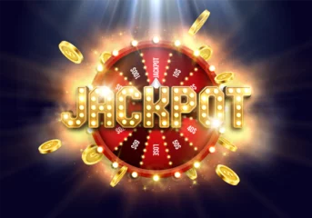 Fotobehang Shining Jackpot sign with wheel of fortune and golden coins. Vector illustration © Igor