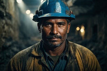 Fototapeta premium Portrait of a proud and resilient American steel worker in a factory, reflecting strength and skilled blue-collar labor. Generative AI.