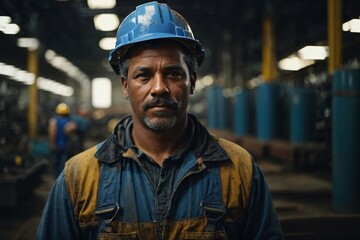 Portrait of a proud and resilient American steel worker in a factory, reflecting strength and skilled blue-collar labor. Generative AI.