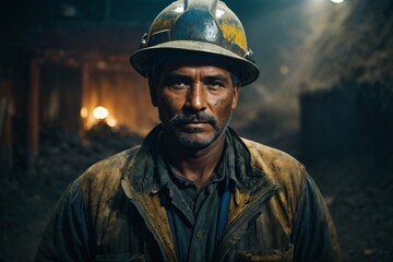 Fototapeta premium Portrait of a proud and resilient American steel worker in a factory, reflecting strength and skilled blue-collar labor. Generative AI.