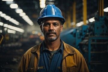 Portrait of a proud and resilient American steel worker in a factory, reflecting strength and skilled blue-collar labor. Generative AI.
