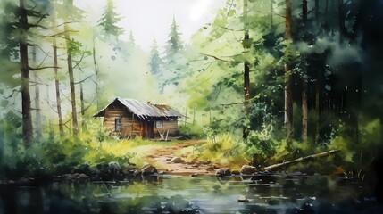 Fototapeta premium Watercolor painting of a wooden house in the middle of the forest.
