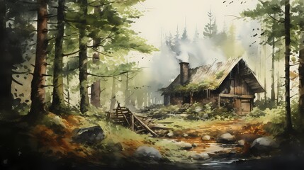 Painting of a house in the woods. Vintage painting, background illustration