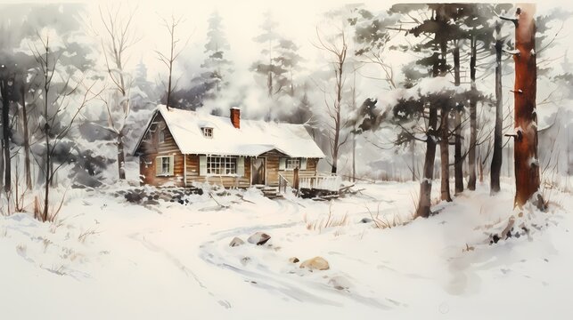 Winter landscape with a cottage in the forest. Watercolor painting.