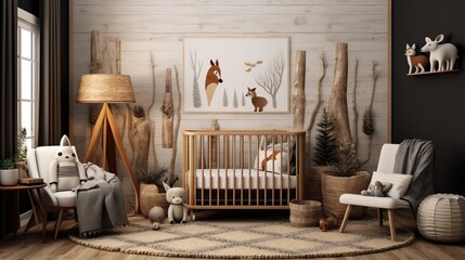 rustic woodland nursery complete with woodland animal wall decals and earthy tones - obrazy, fototapety, plakaty