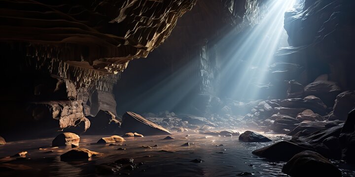 AI Generated. AI Generative. Old deep cave under earth witn sun ray light from above. Graphic Art