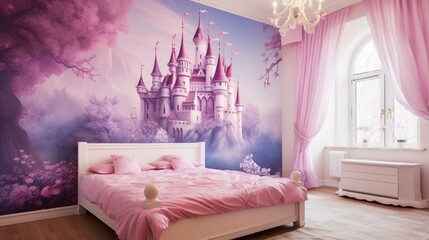 Transform a plain bedroom into a fairy tale castle with a princess canopy bed and castle wall mural