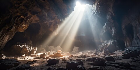 AI Generated. AI Generative. Old deep cave under earth witn sun ray light from above. Adventure exploration vibe - obrazy, fototapety, plakaty