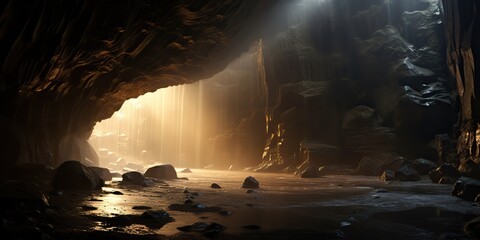 AI Generated. AI Generative. Old deep cave under earth witn sun ray light from above. Adventure exploration vibe
